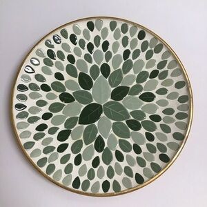 Mid Century Modern Mosaic Tile Round Plate 12” Console Green Leaves Art Vintage